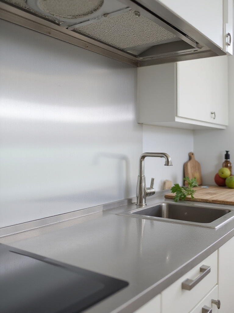 Modern kitchen with stainless steel sheets backsplash reflecting light and enhancing space