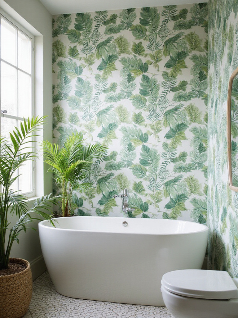 A stylish bathroom featuring tropical peel-and-stick wallpaper and modern fixtures.