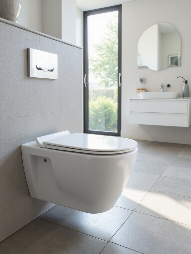 Modern bathroom featuring a wall-hung toilet with concealed cistern