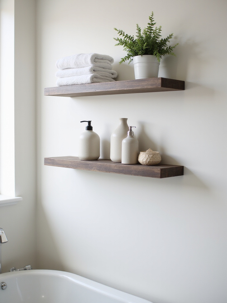A minimalist bathroom with floating shelves displaying neatly arranged towels and decor.