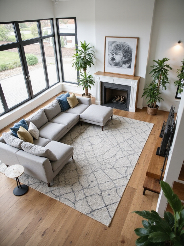 Modern living room with optimized furniture placement for traffic flow