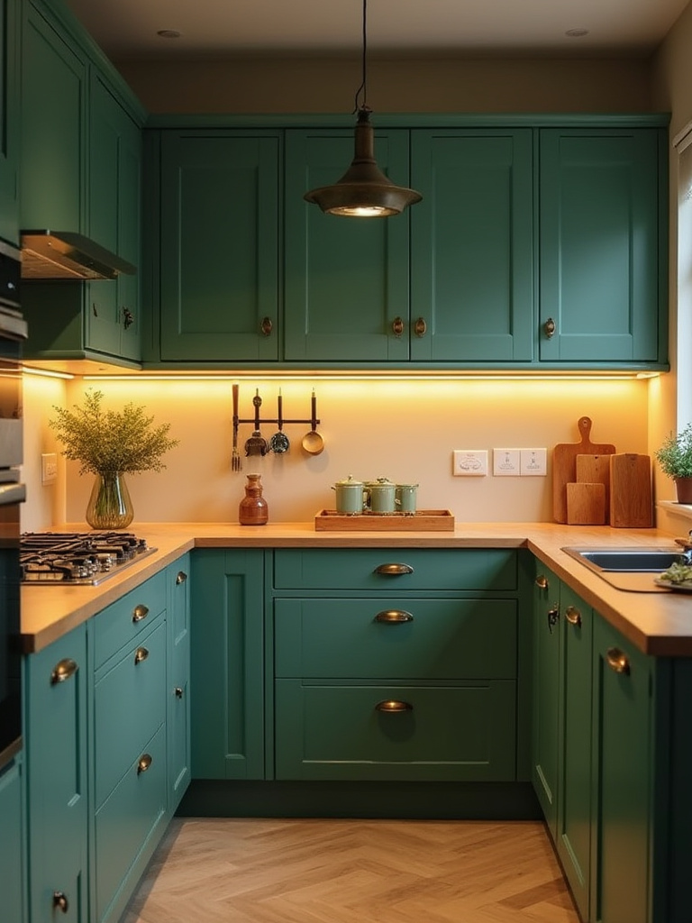 Modern kitchen with green cabinets and optimized lighting