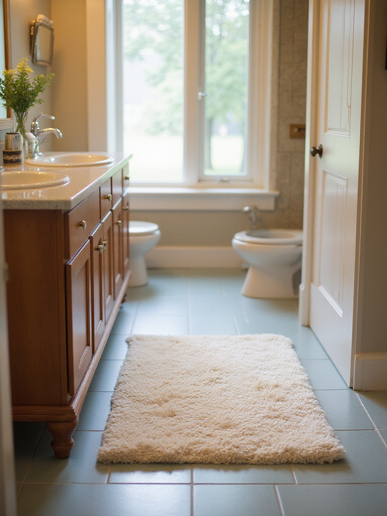 Cozy bathroom with a small cream rug in front of a double vanity