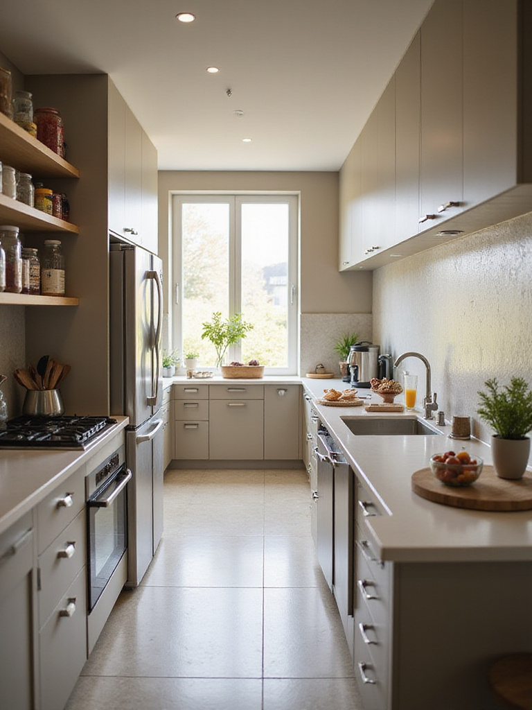 Optimized kitchen layout for workflow with organized zones and ample counter space.