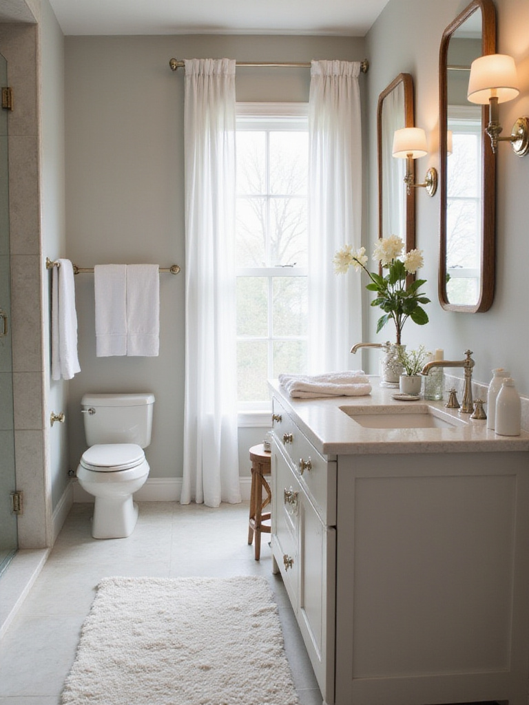 A serene bathroom with a cohesive color palette featuring warm gray walls and chrome fixtures.