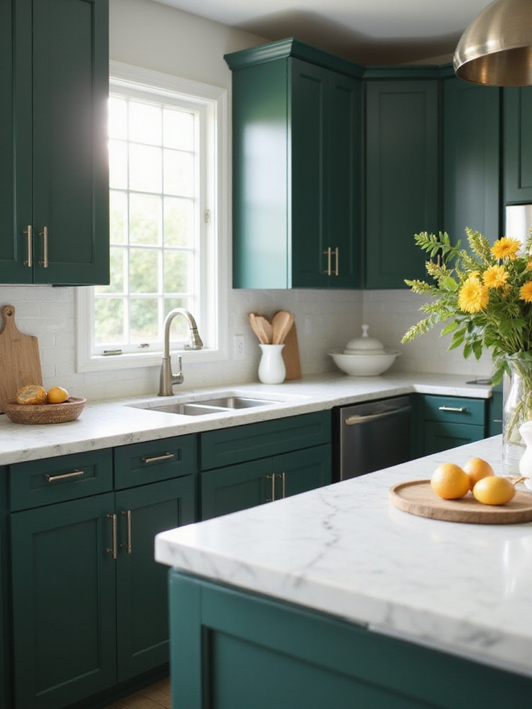 Modern kitchen with deep forest green cabinets and white quartz countertops.