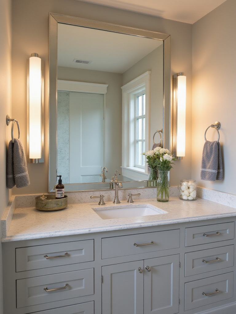Elegant bathroom vanity with flattering task lighting and stylish decor
