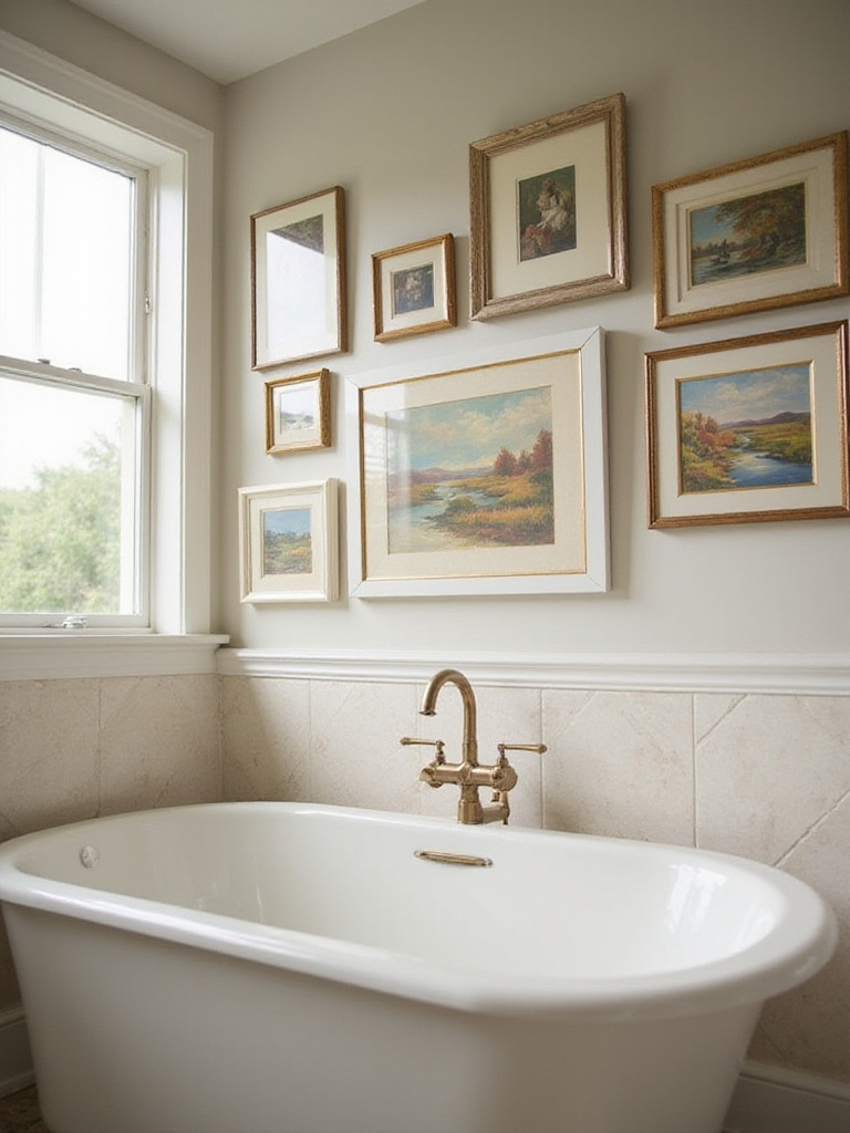 A gallery wall in a stylish bathroom featuring curated art pieces in moisture-resistant frames.