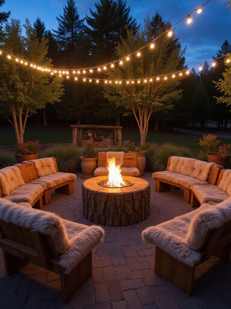 Personalized firepit zone with log benches and string lights