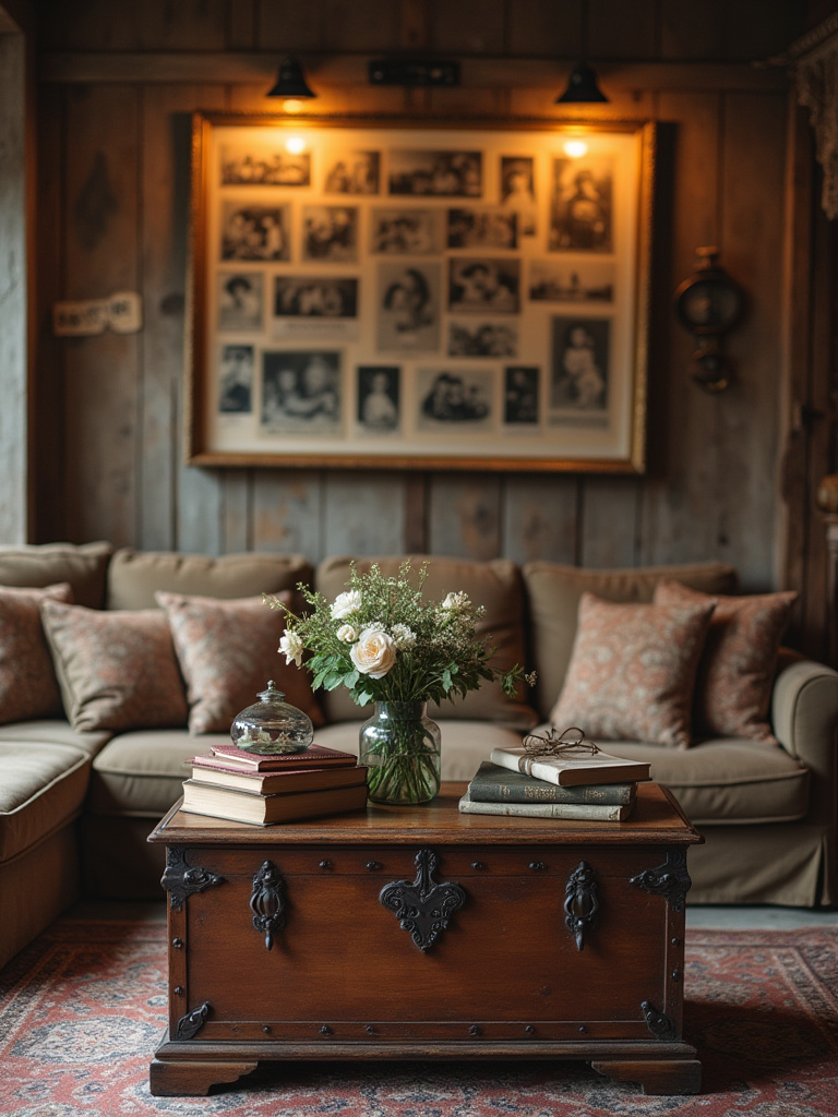 Cozy rustic living room featuring family heirlooms as decor.