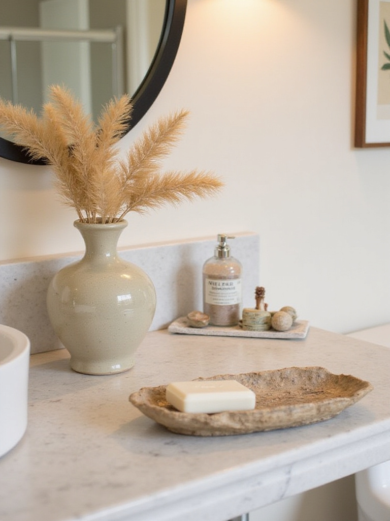 Beautifully styled bathroom with unique curated accessories including a ceramic vase and vintage print.