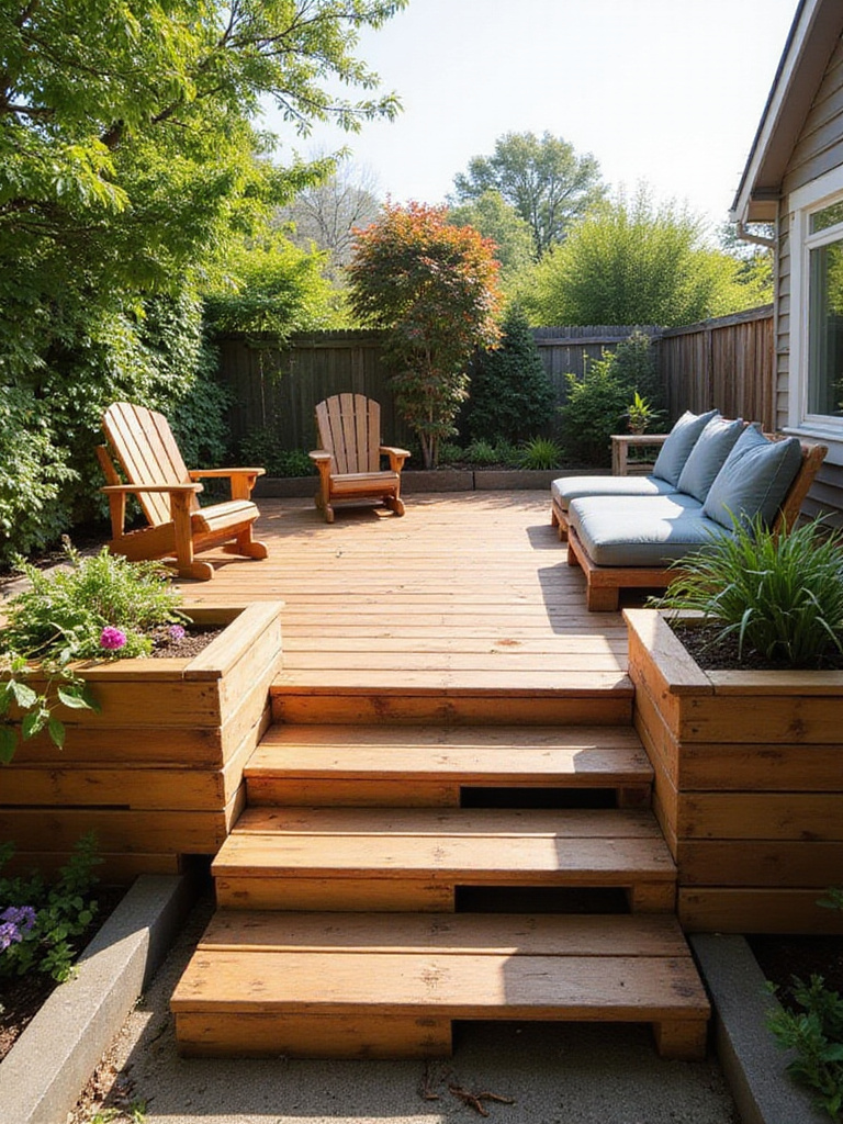 A charming DIY deck made from repurposed wooden pallets, surrounded by lush greenery.