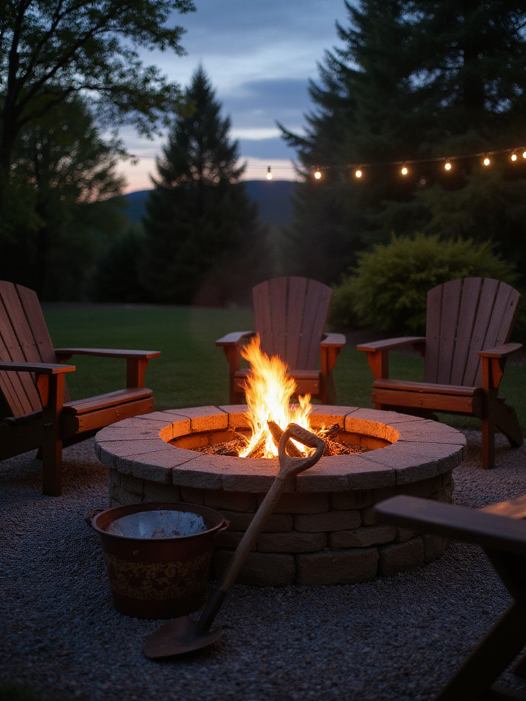 A beautifully maintained firepit area with tools for ash management in a serene backyard setting.