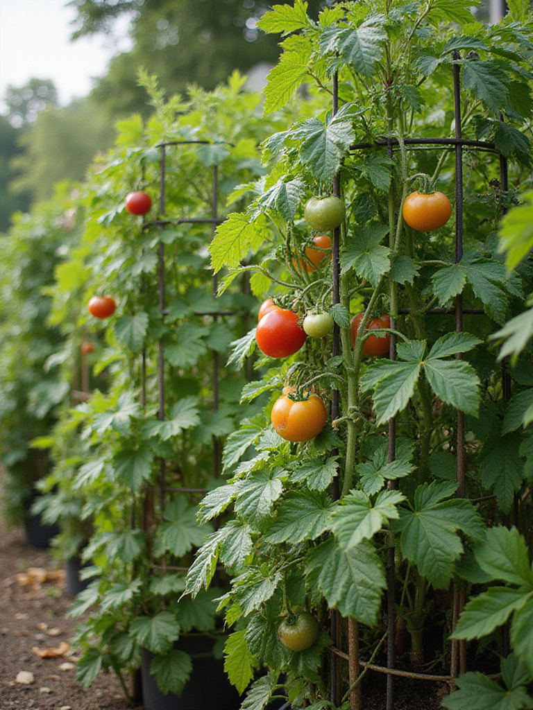 Lush container garden with vining plants supported by trellises and cages