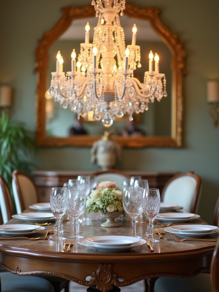 A central chandelier over a beautifully set dining table in a stylish dining room.