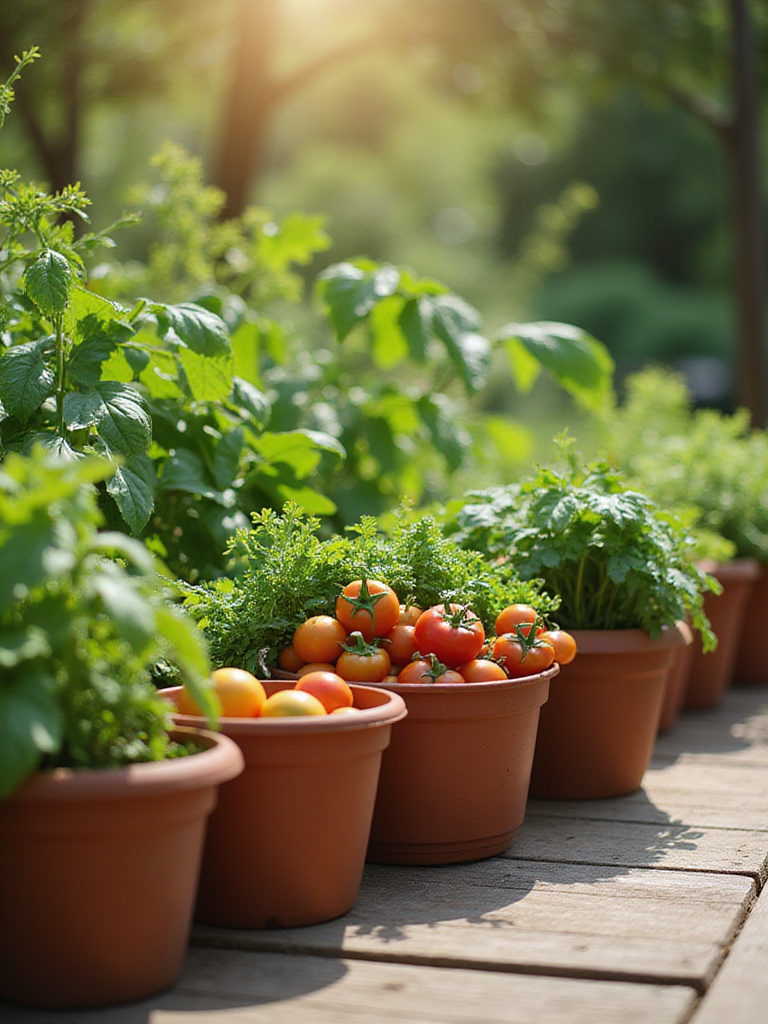 Vibrant garden scene with various vegetable containers showcasing optimal sizes for gardening.