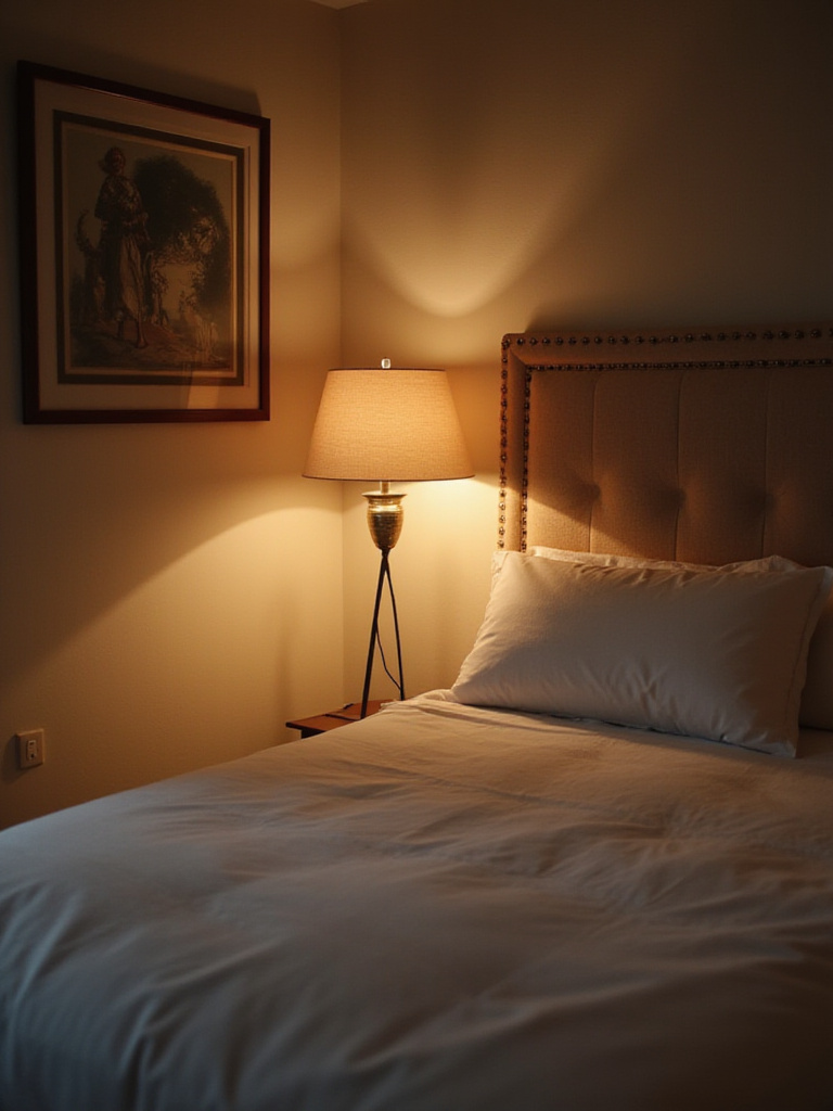Cozy bedroom with a floor lamp behind the headboard creating subtle uplighting