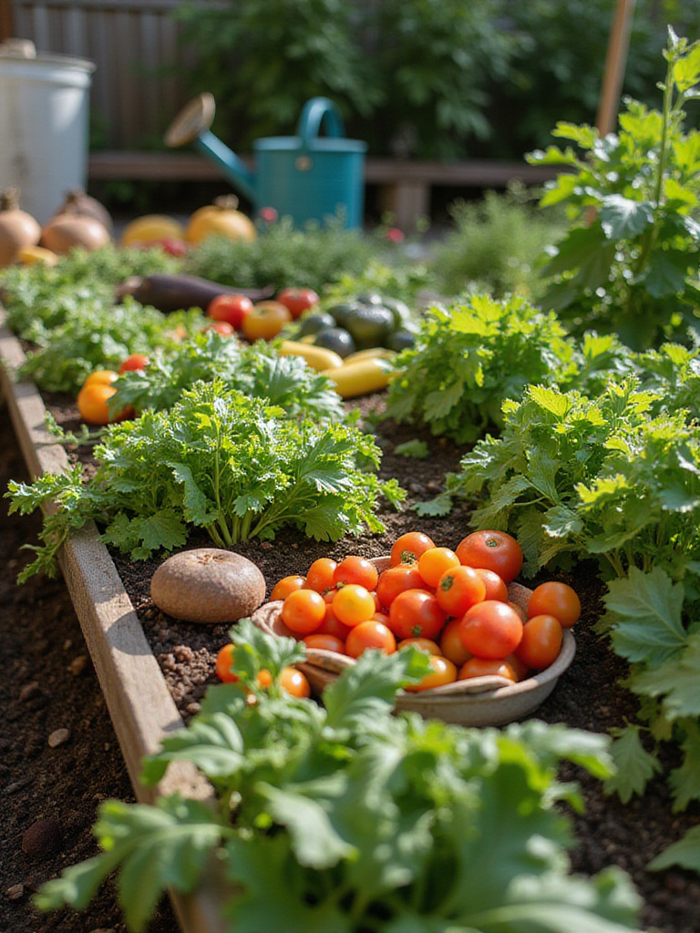 Lush container garden with tomatoes, peppers, and leafy greens under natural sunlight