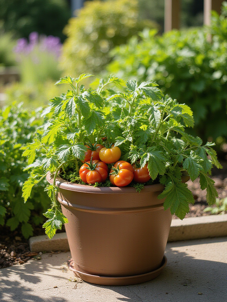 Vibrant self-watering planter filled with vegetables in a sunny garden setting.