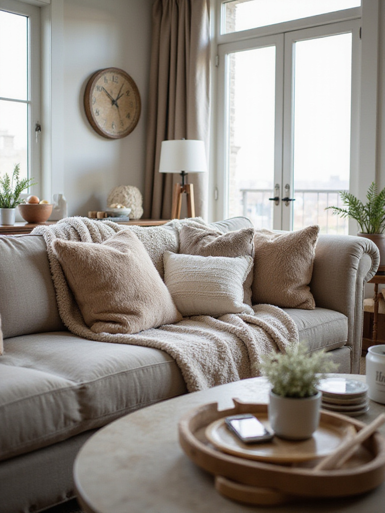 A modern living room featuring plush textiles and ergonomic furniture, creating an inviting atmosphere.