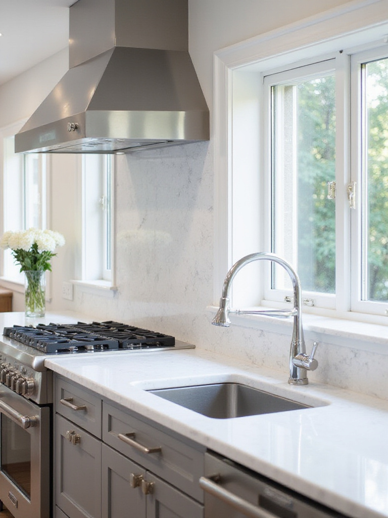 Modern kitchen with seamless quartz backsplash for easy cleaning