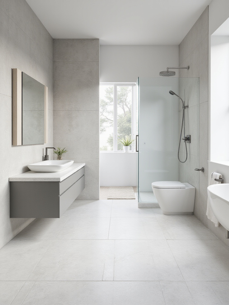 Minimalistic bathroom with easy-to-clean surfaces and natural lighting