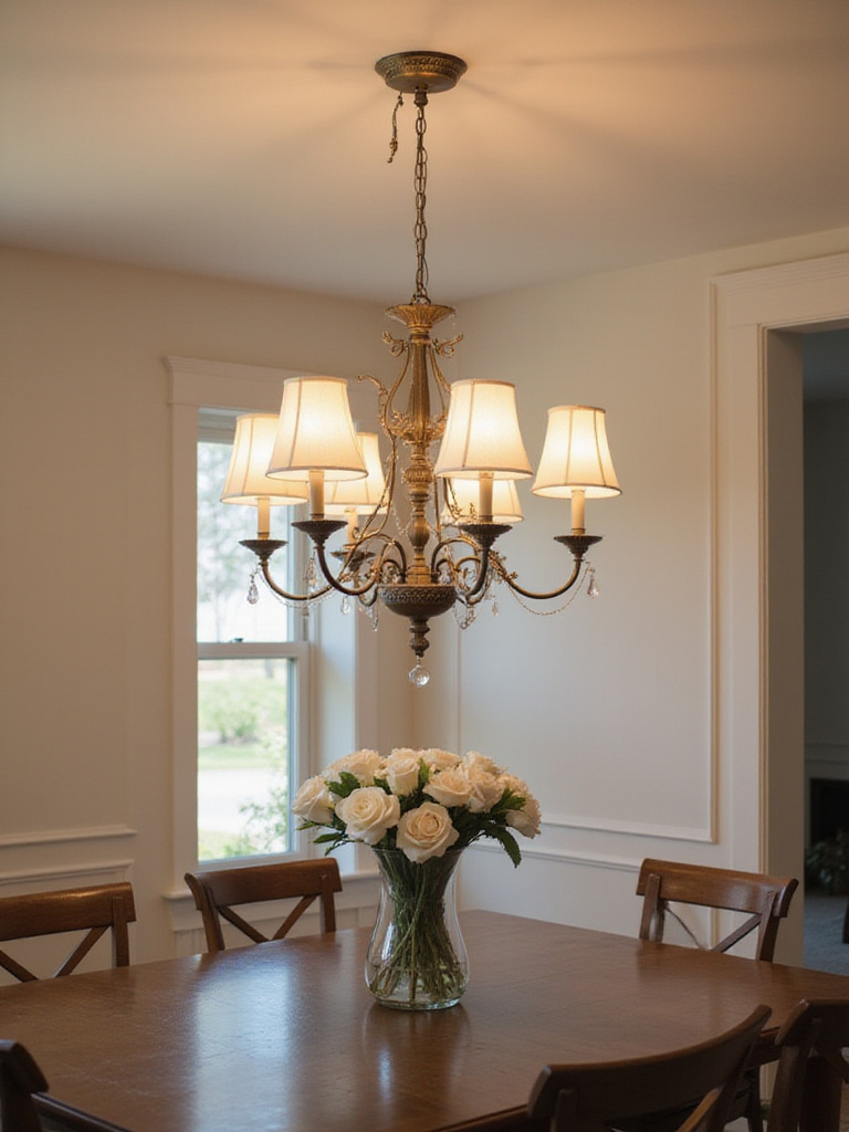 A professionally installed chandelier highlighting the importance of proper electrical wiring in a dining room.