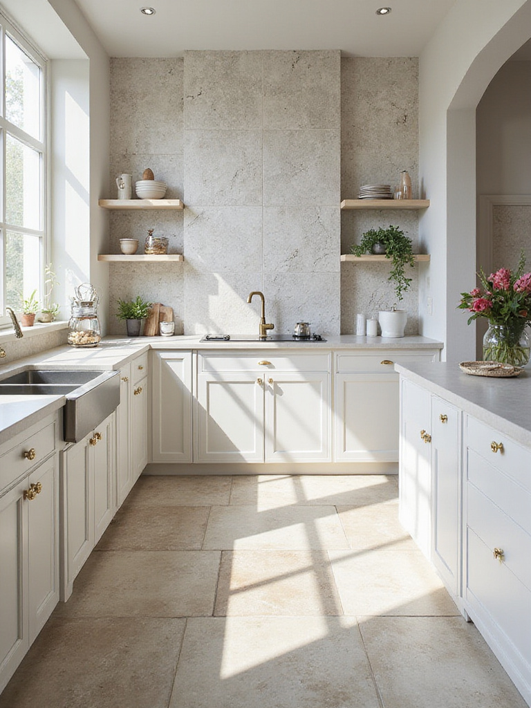 A professional kitchen with a tiled backsplash and floor highlighting proper tile placement.