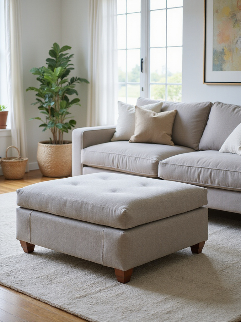 Modern living room with multi-functional upholstered storage ottoman and minimalist sofa