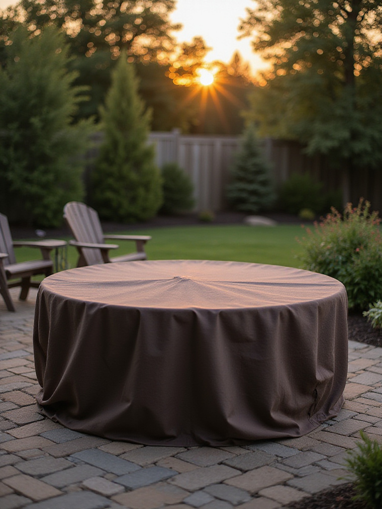 A weatherproof cover protecting a stylish firepit in a backyard setting.
