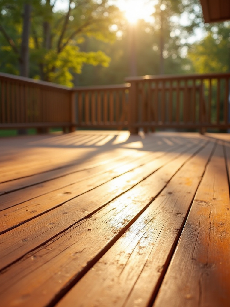 A beautifully stained wooden deck in a serene outdoor setting, showcasing the effects of DIY staining and sealing.