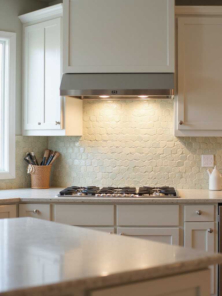 Modern kitchen with a freshly painted tile backsplash showcasing vibrant colors and a smooth finish.