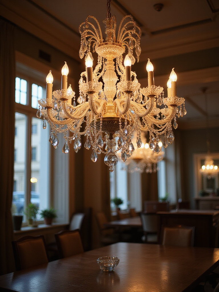 Elegant chandelier in a beautifully lit dining room showcasing intricate details.