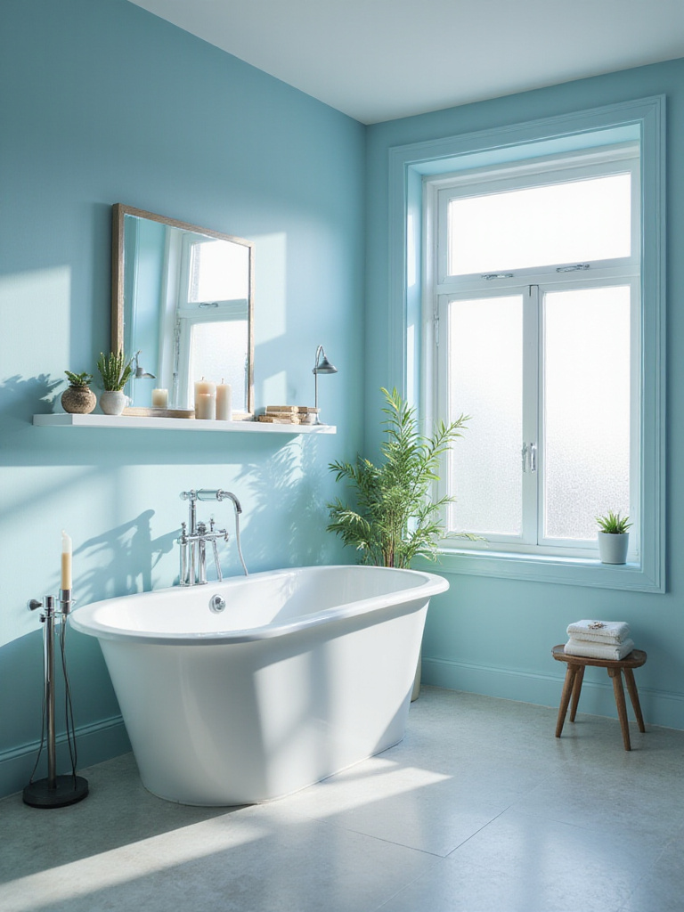 A serene bathroom with soft blue paint, modern fixtures, and natural light.