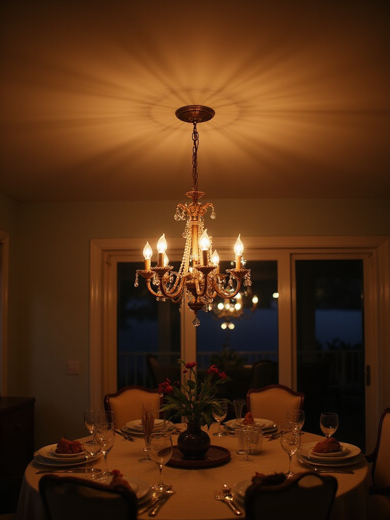 Elegant dining room chandelier with consistent warm lighting and beautiful table setting.