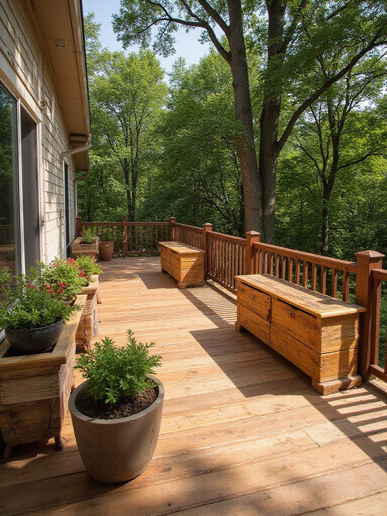 A stunning outdoor deck featuring unique accents made from salvaged wood under warm sunlight.