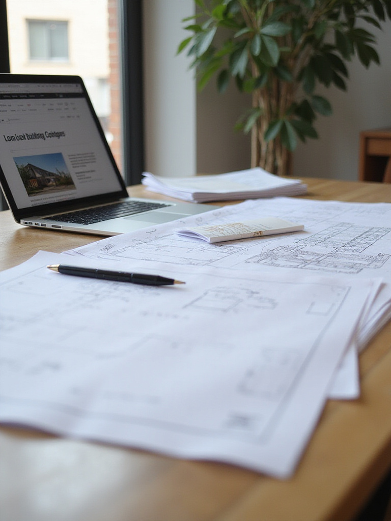 Workspace with building plans and documents related to local building codes for deck construction.