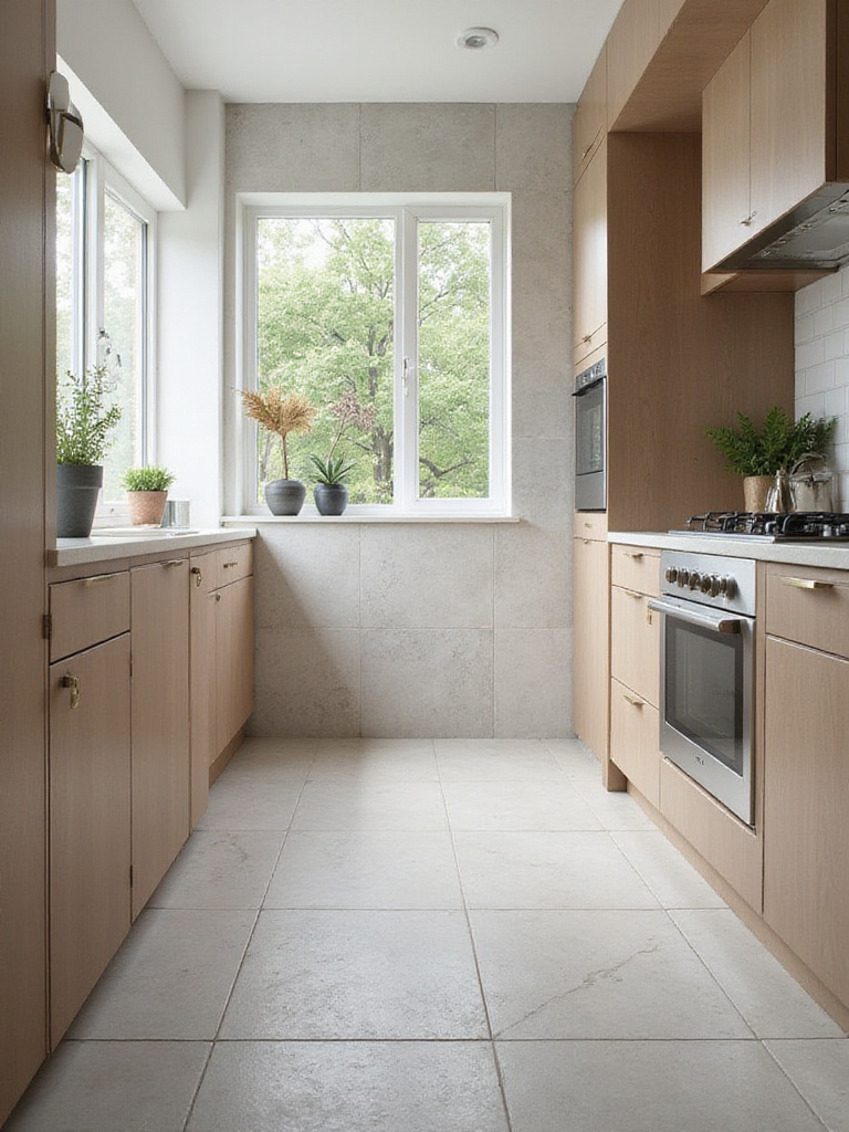Modern kitchen showcasing large-format tiles and contemporary design elements.
