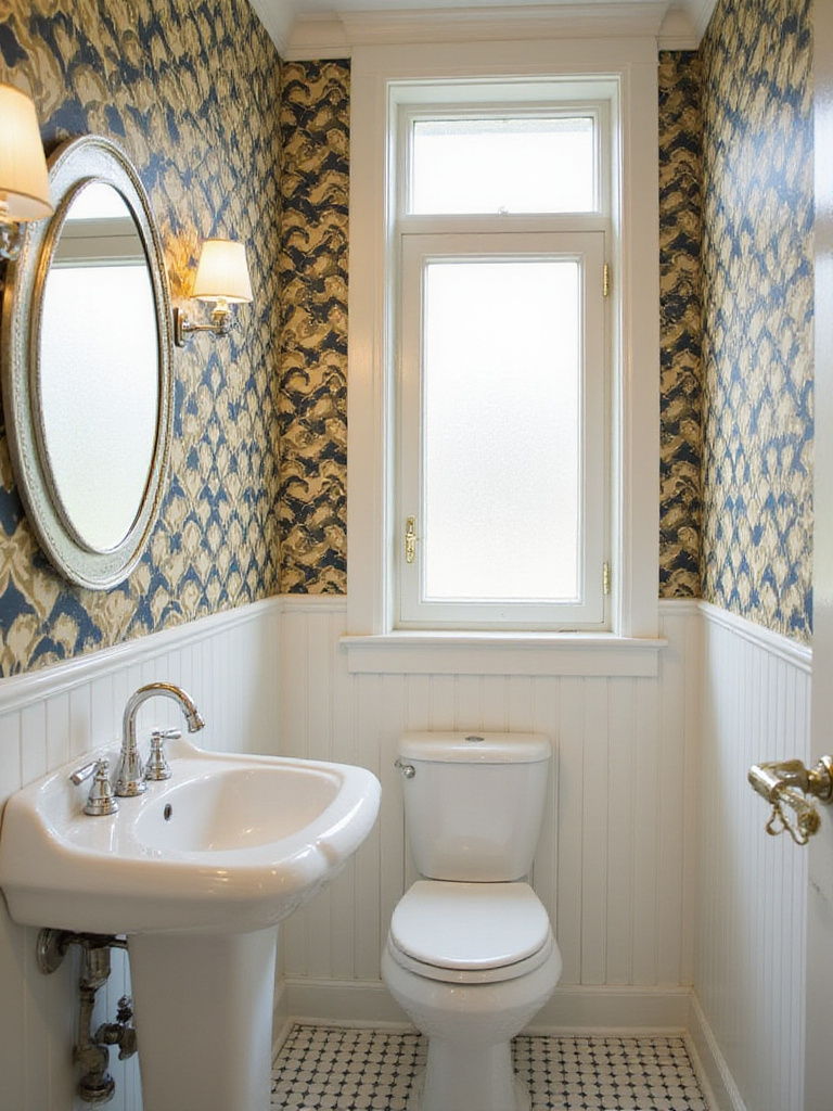 A vintage-style bathroom with retro-inspired wallpaper patterns in gold and navy.