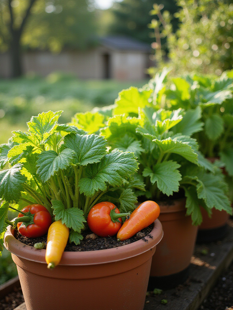 Vibrant container garden with healthy vegetables in pots, showcasing daily watering techniques.