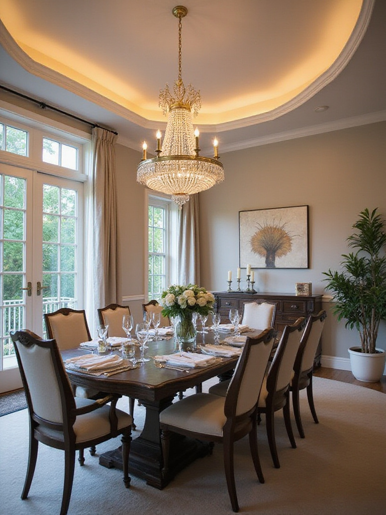 Elegant dining room featuring a perfectly sized chandelier above a stylish table