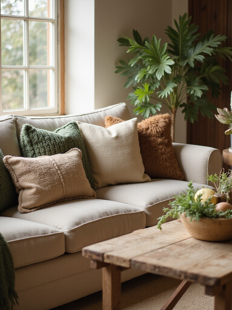 Cozy rustic living room with earthy decorative pillows on a sofa.