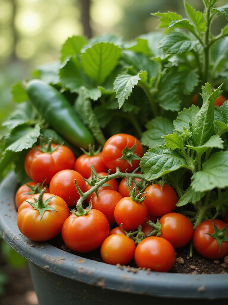 Vibrant container garden with ripe vegetables ready for harvest