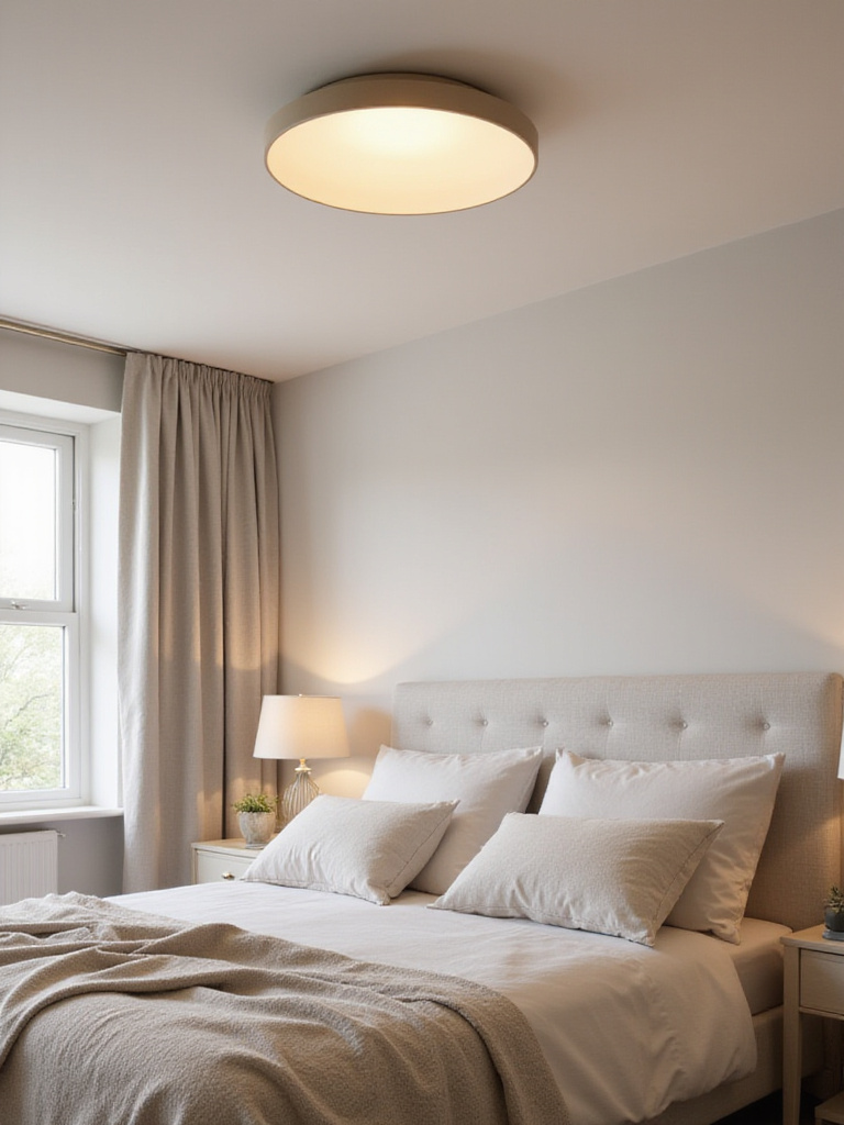 A stylish bedroom with a flush mount light fixture designed for low ceilings.