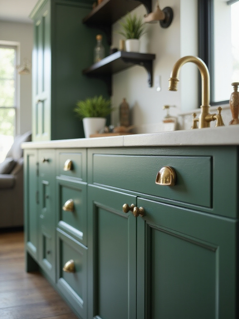 Close-up of green kitchen cabinets with contrasting hardware finishes.