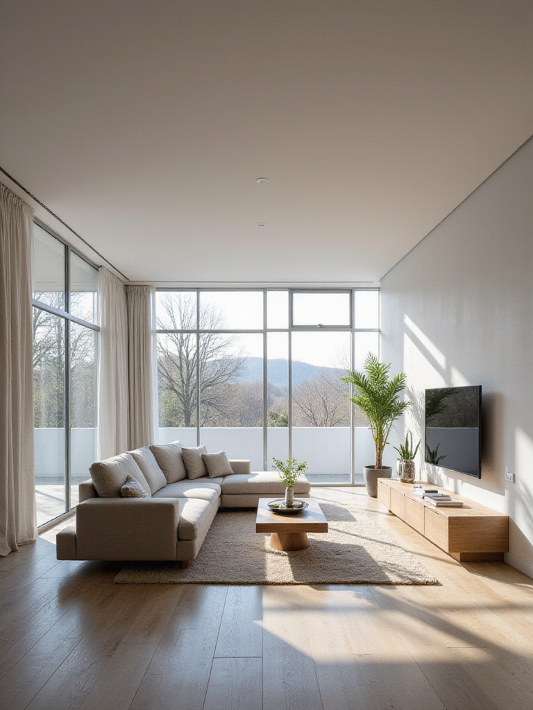 Modern living room with low-profile furniture and natural light