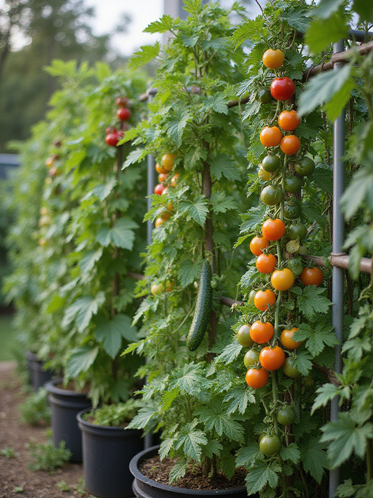 Lush vertical garden featuring vining vegetables like tomatoes and cucumbers on trellises.