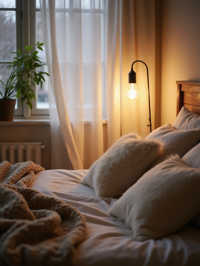 A cozy bedroom scene featuring warm white bulbs illuminating the space.