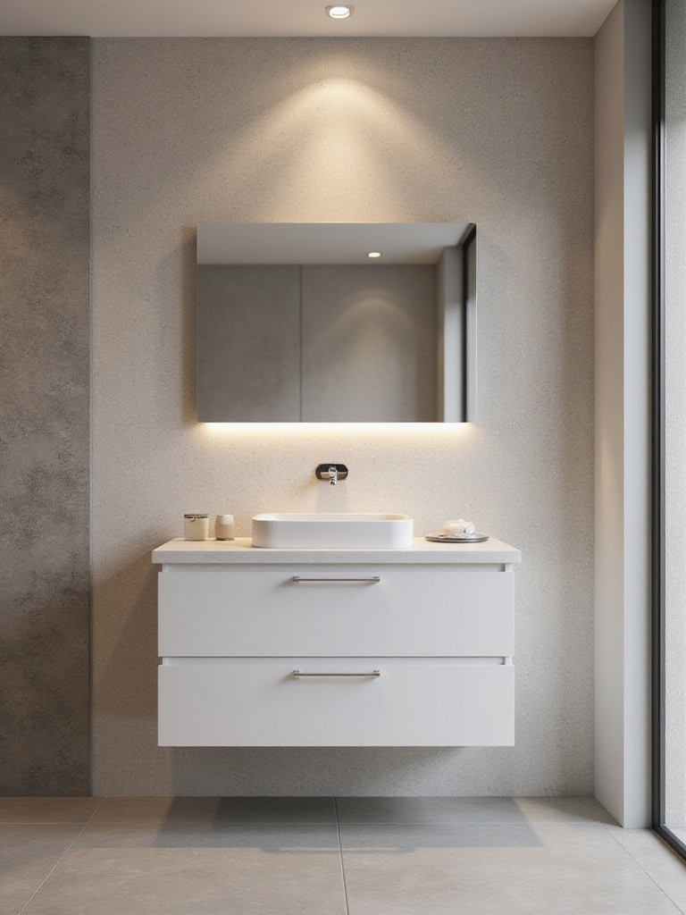 A modern bathroom showcasing a sleek floating vanity with an integrated sink, emphasizing a minimalist design and open floor space.