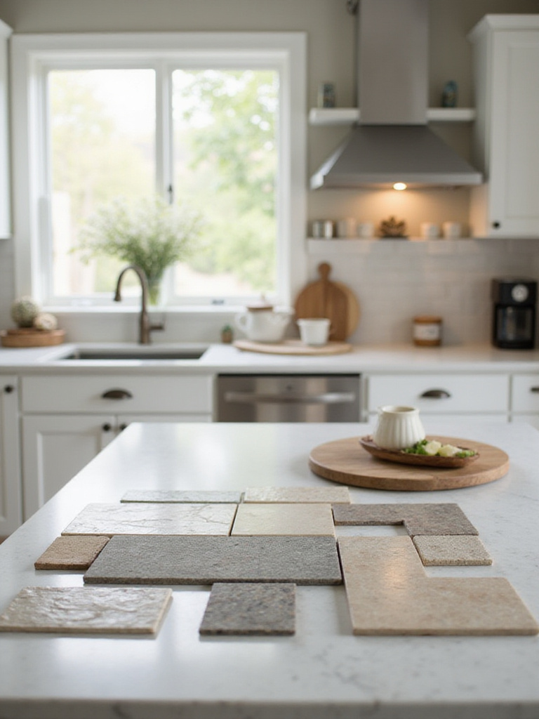 A countertop displaying a variety of kitchen tiles, including ceramic, porcelain, and natural stone, in a beautifully lit kitchen setup.